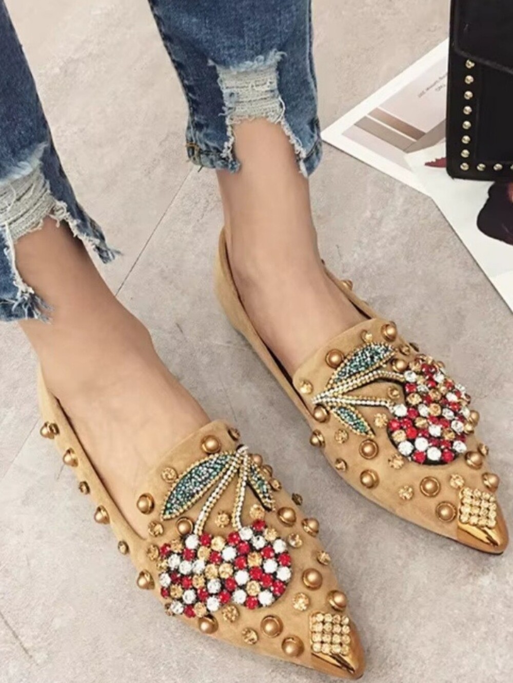 Beaded Embellished Tan Pointed-Toe Flats